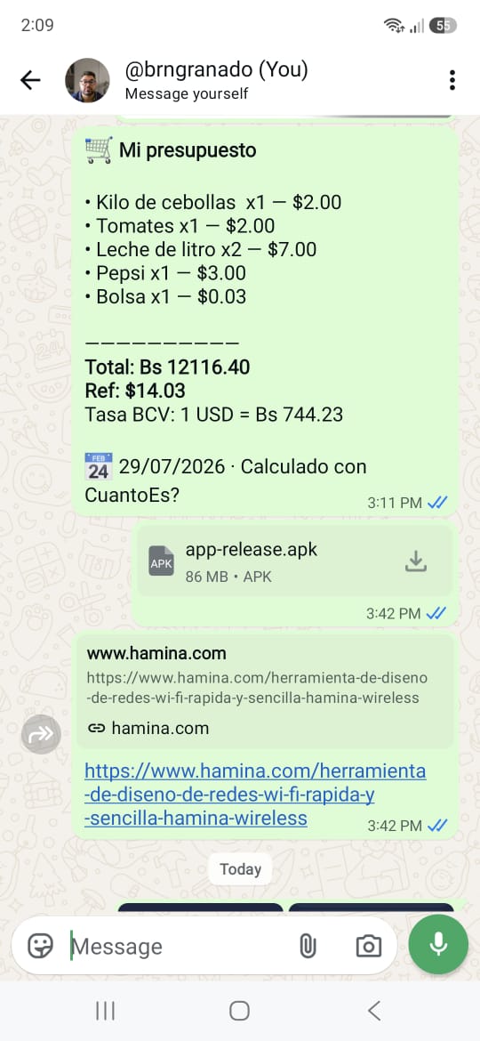Ejemplo de presupuesto compartido por WhatsApp